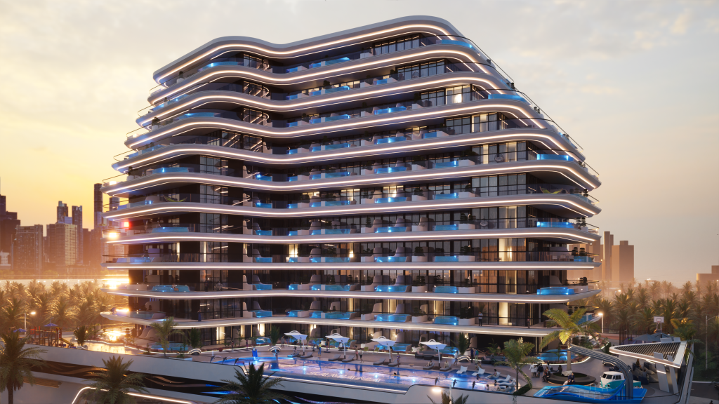 Curved residential tower at sunset, Dubai