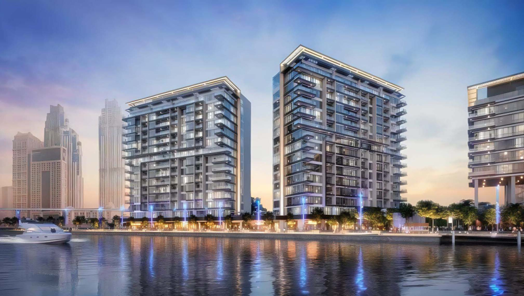 Waterfront residential towers at dusk, Dubai